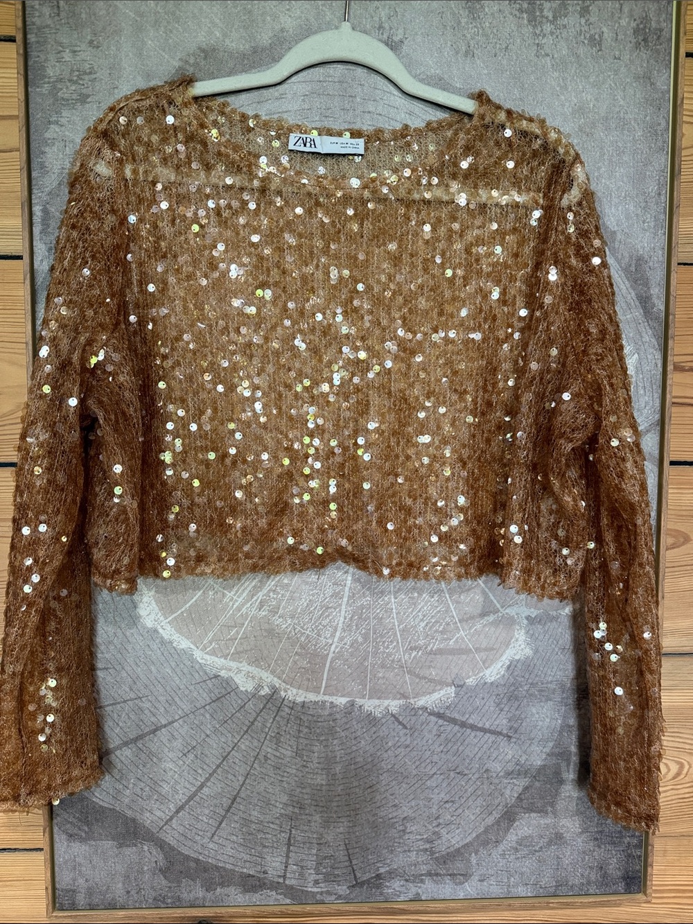 Zara Gold Sequin Cropped Sheer Top, Like New. Generous fit.